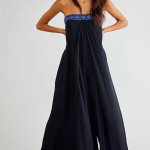 Free People Serendipity Strapless Embroidered Wide Leg Jumpsuit In Black & Blue